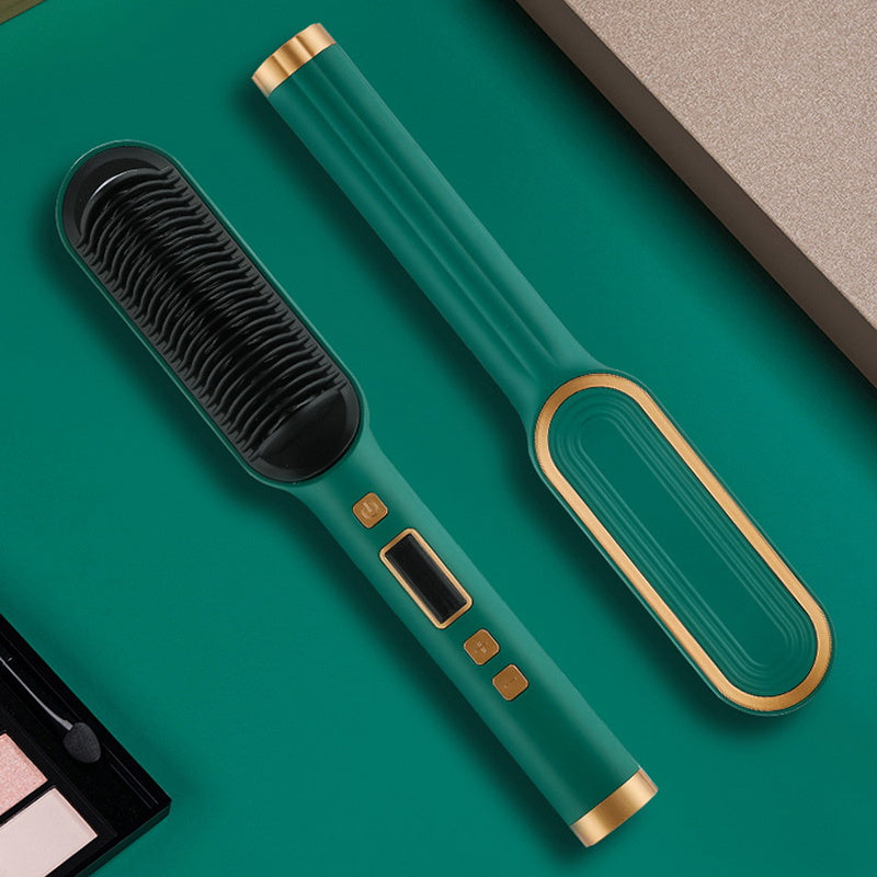 Black heated straightening comb on dressing table