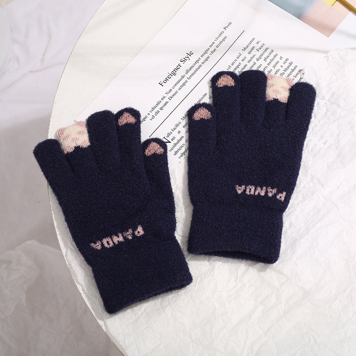 Grey knitted gloves with 3D panda