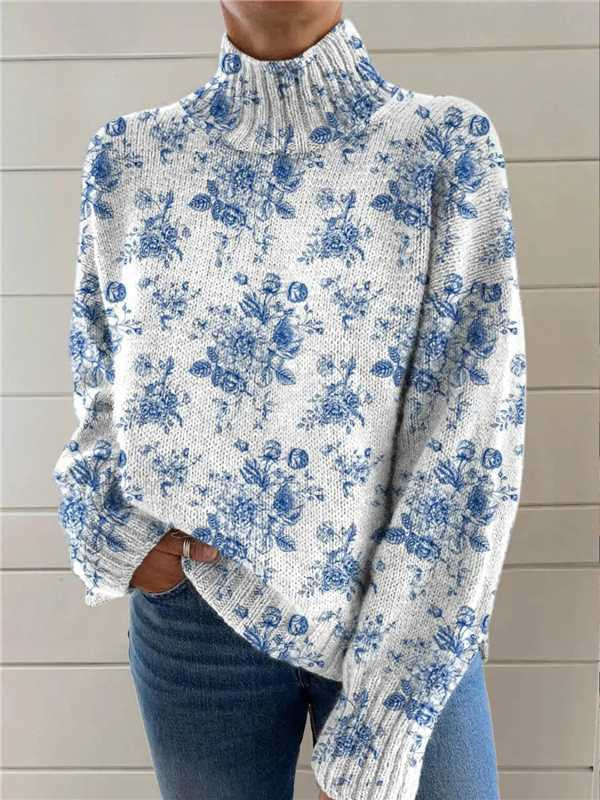 Woman in printed turtleneck jumper