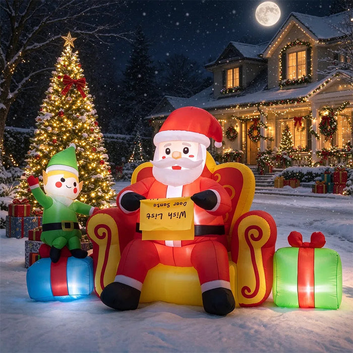 Heat Hollow Inflatable Santa on Sofa with Elf and Gifts, 220cm