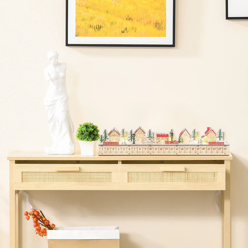 Long wooden lit advent calendar on mantel
