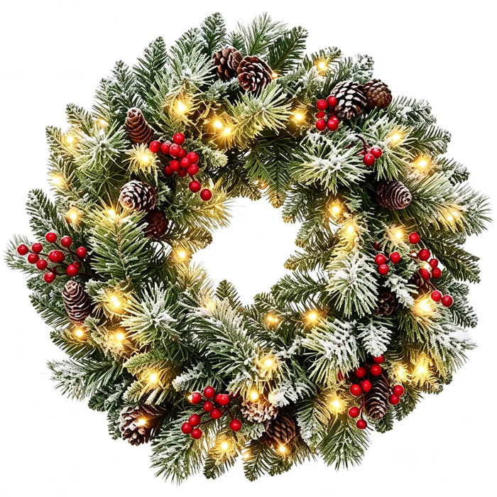 Heat Hollow Frosted Lighted Christmas Wreath with Pine Cones