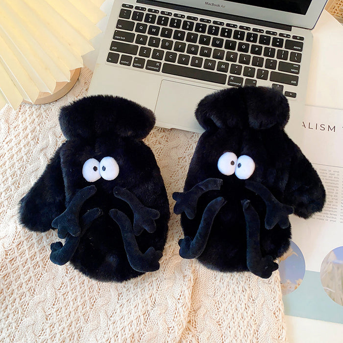 Heat Hollow Fluffy Plush Mittens with Funny Cartoon Faces