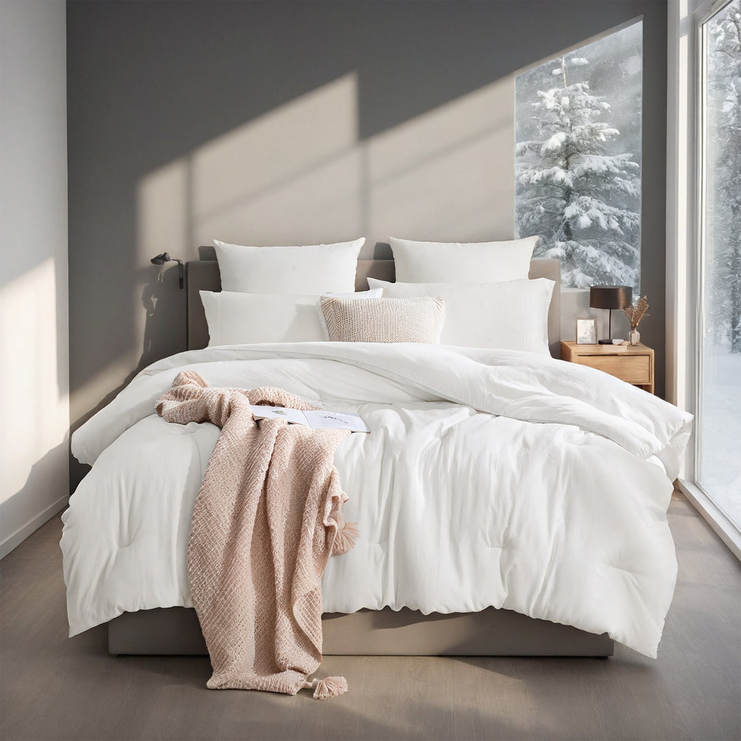 White box-stitched duvet on bed
