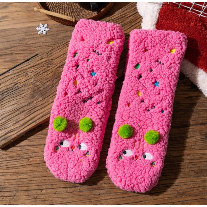 Heat Hollow Fluffy Socks with Embroidered Faces and Pompoms