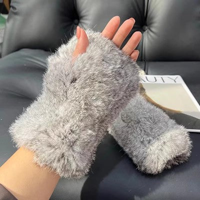 Fluffy rabbit fur fingerless mittens