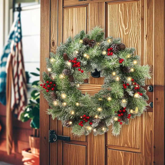 Heat Hollow Lighted Christmas Wreath with Timer and Red Berries