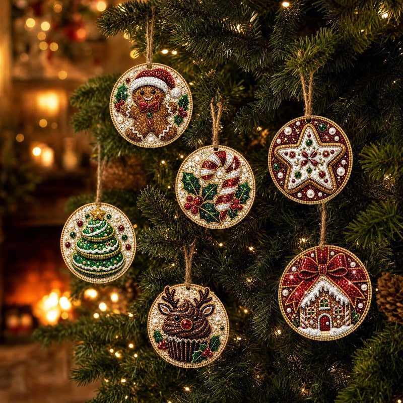 Six wooden diamond painting Christmas ornaments