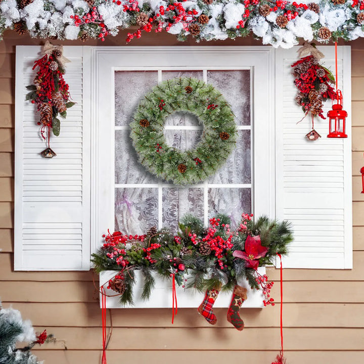 Pre-lit Christmas wreath on front door