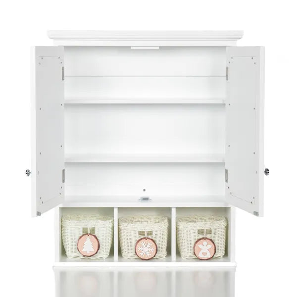 White mirrored bathroom wall cabinet with baskets