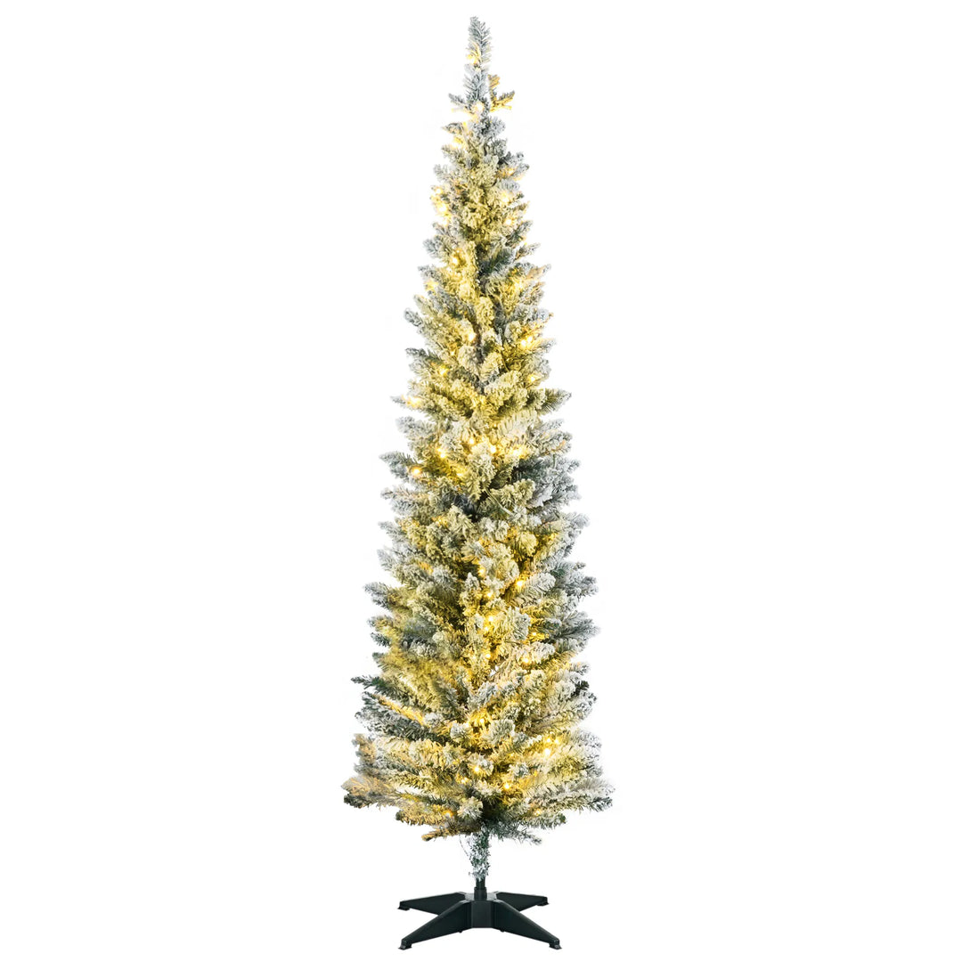 Snowy flocked pencil tree with warm lights