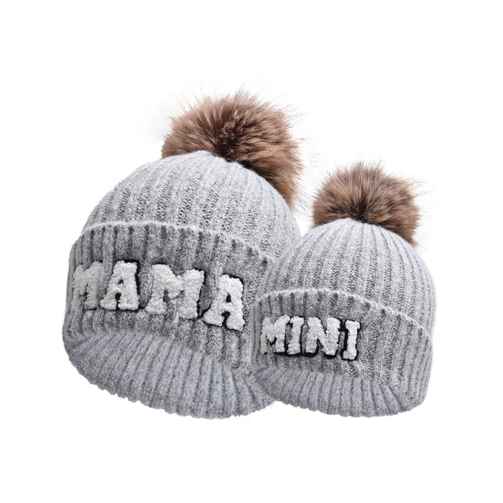 Pink MAMA and MINI beanies with pompoms
