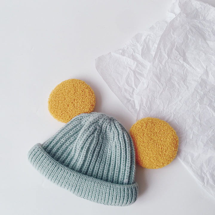 Kids pink ribbed beanie with teddy ears