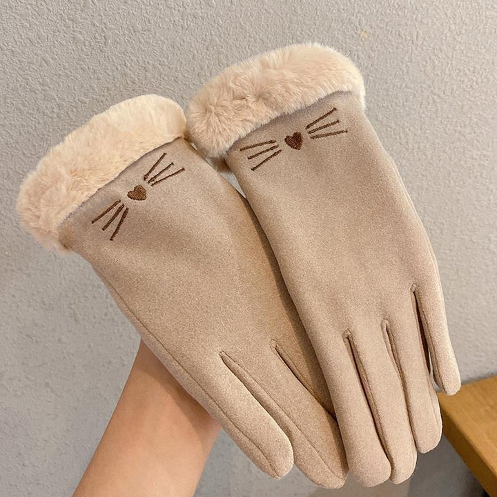 Pink suede look gloves with cat face