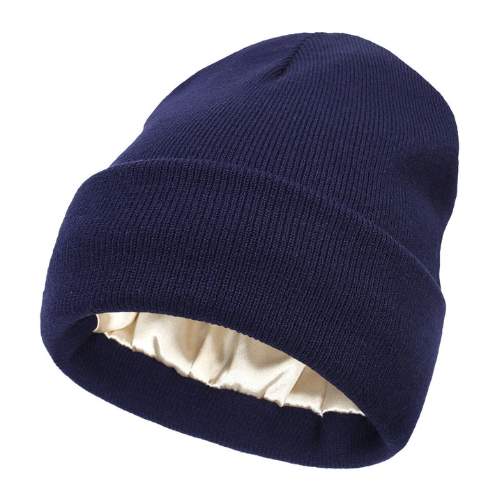 Black double layer cuffed beanie with satin lining