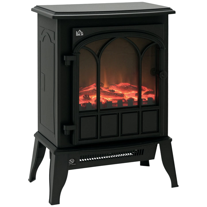 black electric stove with glowing LED charcoal flames