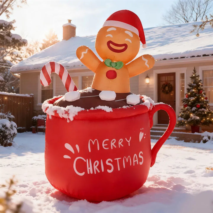 Inflatable gingerbread man in a cocoa mug
