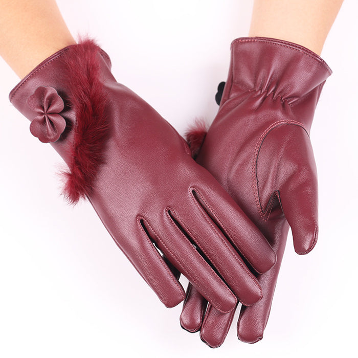 Heat Hollow Faux Leather Gloves with Fluffy Cuff and Bow