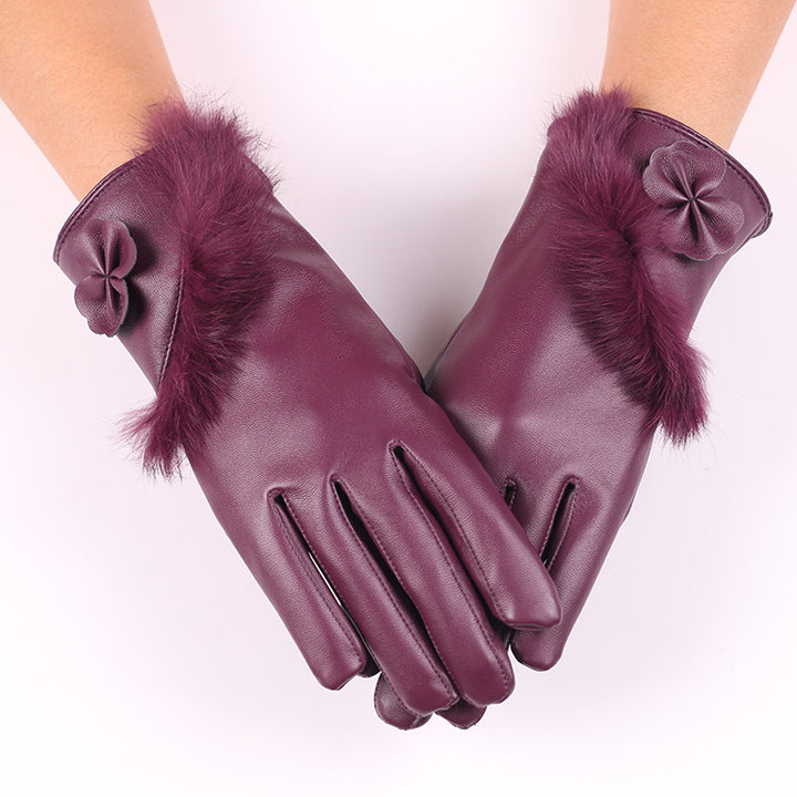 Burgundy faux leather gloves with bow