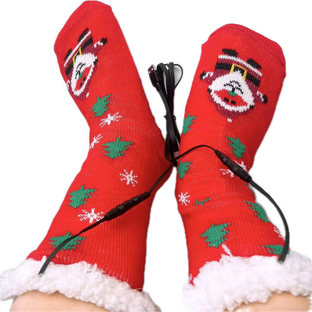 Red Christmas knit heated socks with sherpa lining