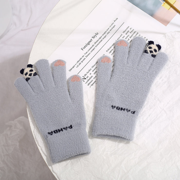 Heat Hollow Knitted Touchscreen Gloves with a 3D Panda