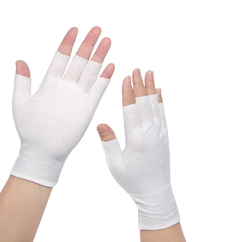 Grey cotton half-finger gloves on hands