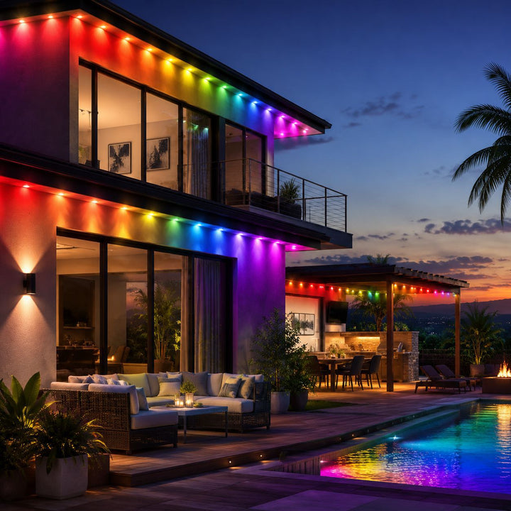 House eaves lit with permanent RGB lights