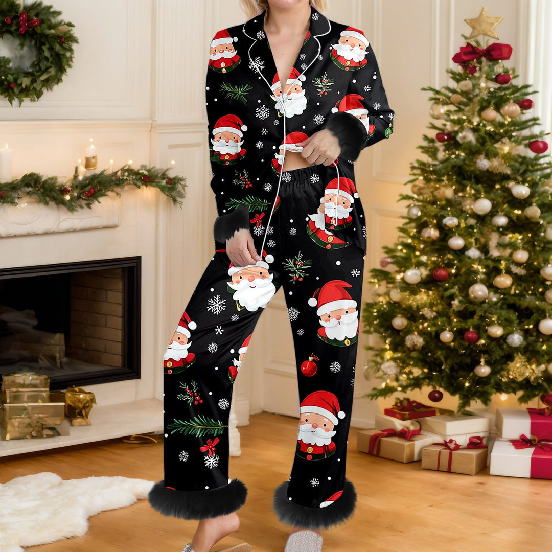 Woman in Christmas print pyjama set