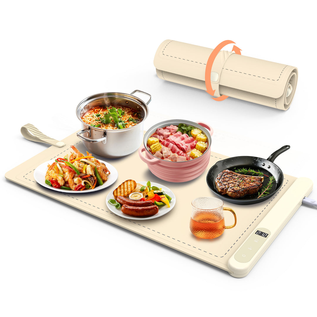 Roll-up graphene food warming mat on table