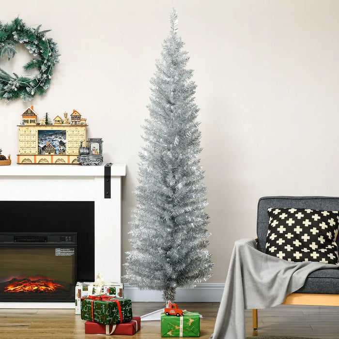 Heat Hollow Silver Slim Pencil Christmas Tree, 6ft Unlit