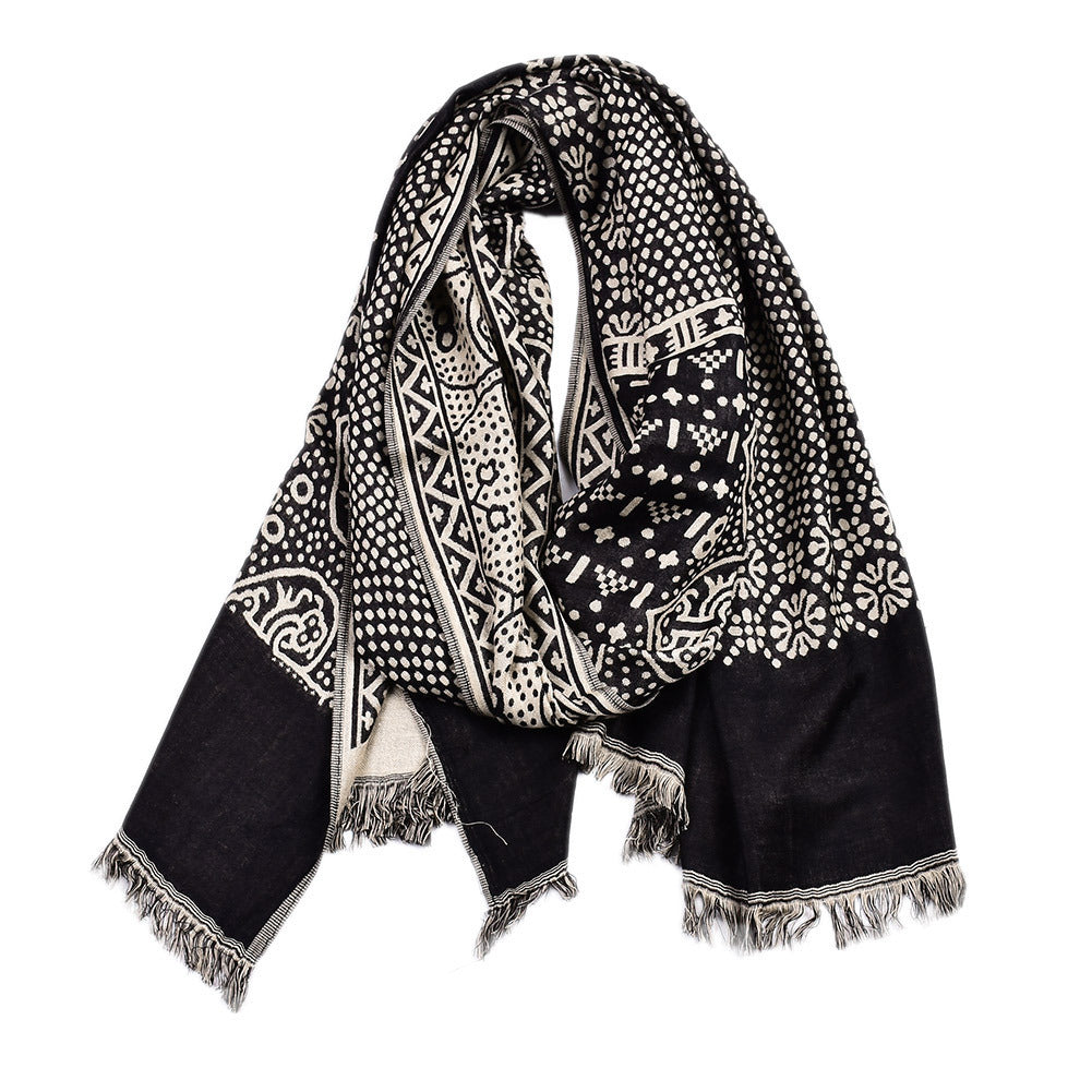 Navy jacquard woven scarf with fringe