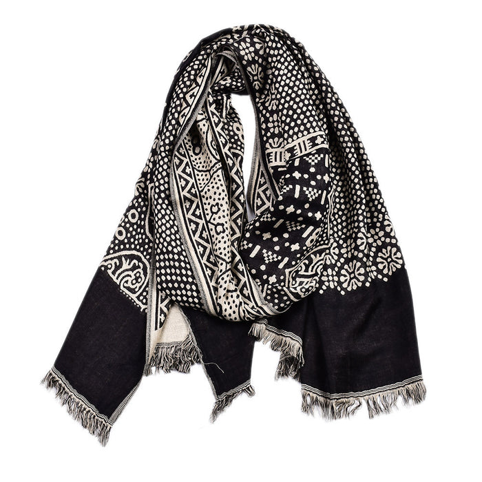Heat Hollow Jacquard Woven Scarf with Ethnic Pattern and Fringe