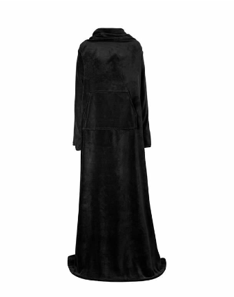 Person wearing a long sleeved fleece blanket