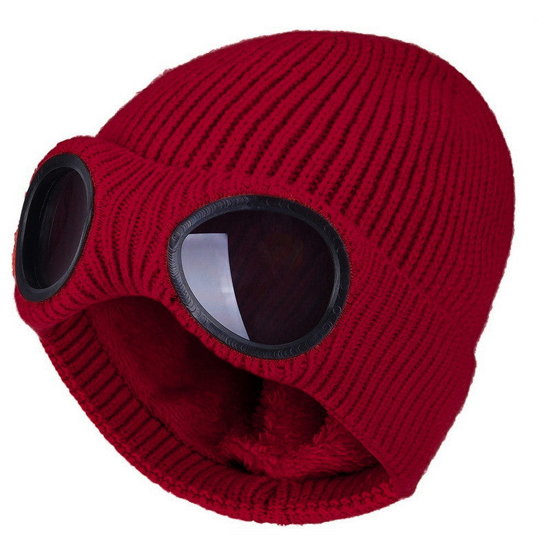 Knit beanie with flip-up goggles on the front