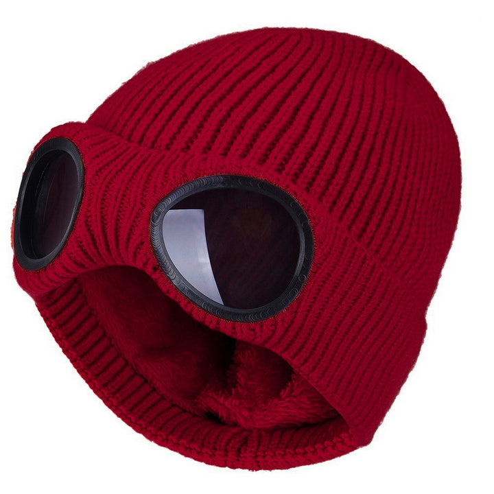 Knit beanie with flip-up goggles on the front