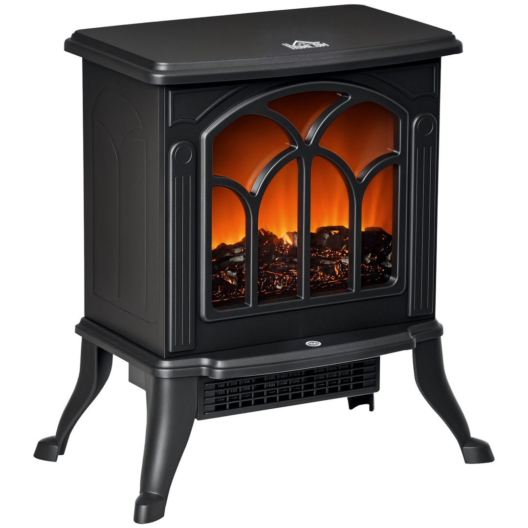 black compact electric stove with log flame effect