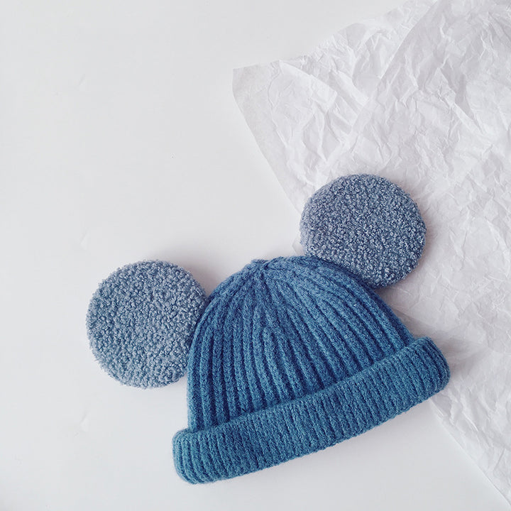 Kids pink ribbed beanie with teddy ears