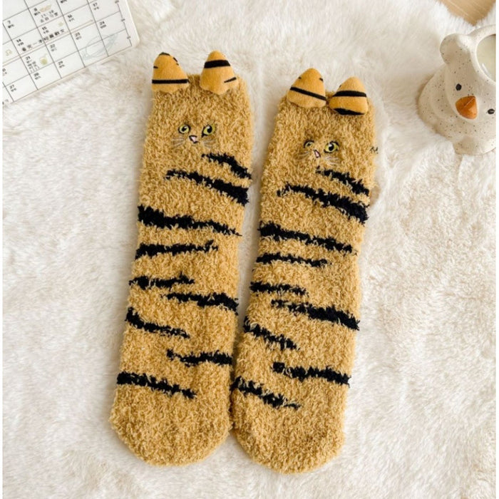 Heat Hollow Fleece Cat Socks with 3D Ears and Tail