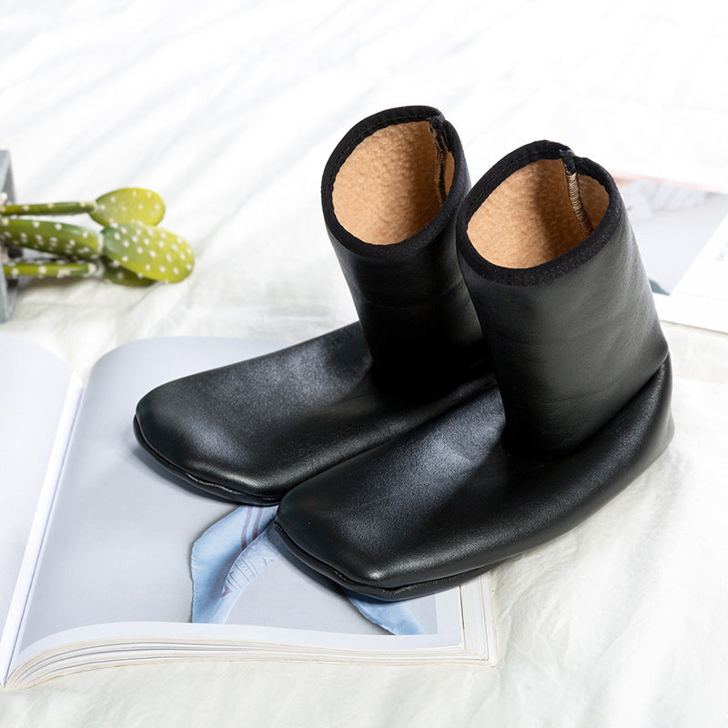 Black faux leather fleece lined slipper boots