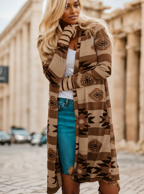 Heat Hollow Long Open Front Cardigan with Colour Block Pattern