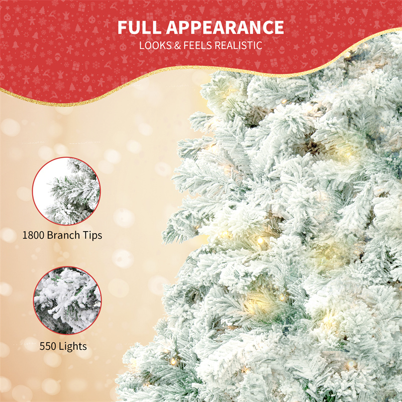 Snow-flocked Christmas tree with warm-white lights