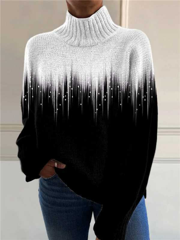Woman in printed turtleneck jumper