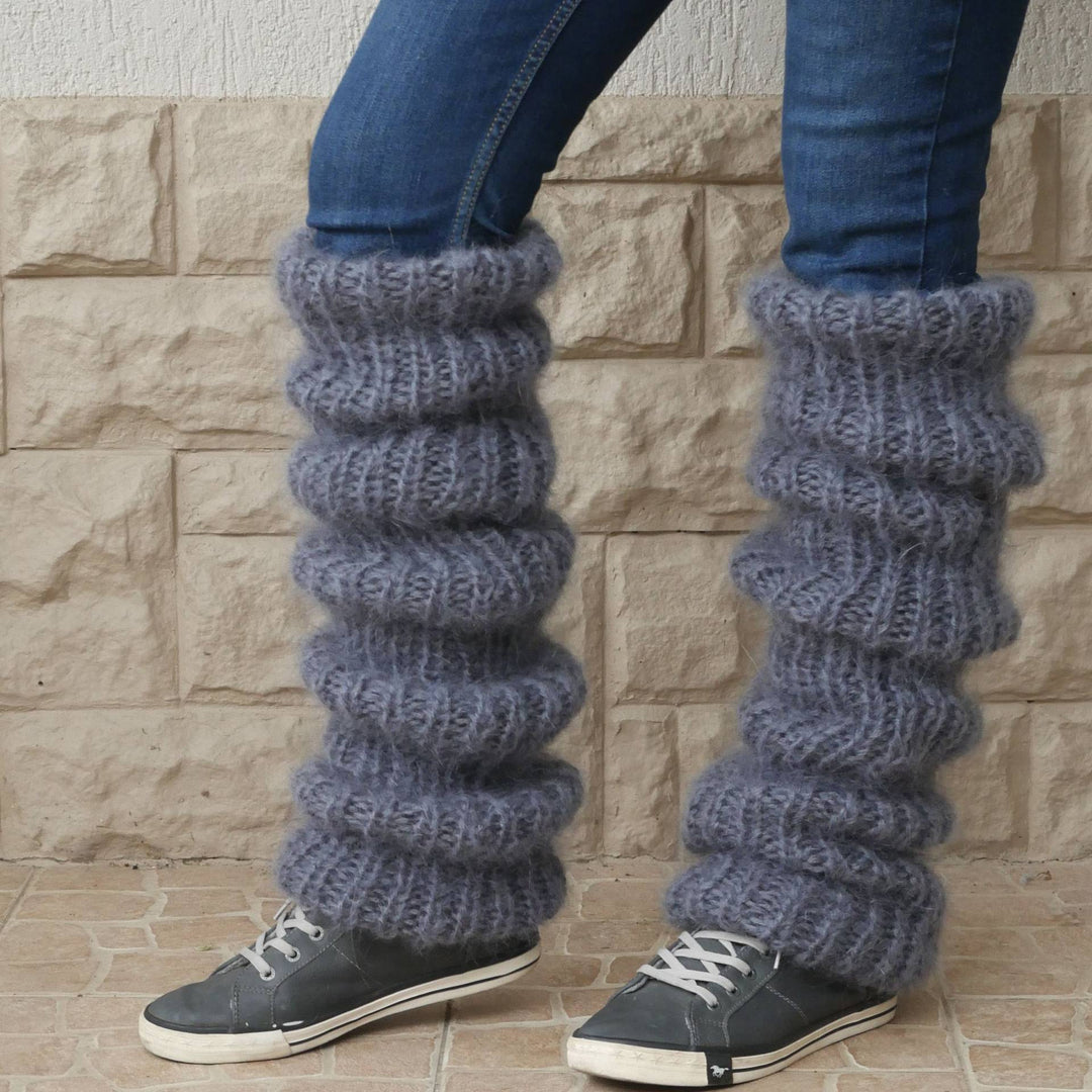 Chunky slouchy knitted leg warmers over boots