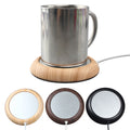 Wood-look USB coaster warming a coffee mug