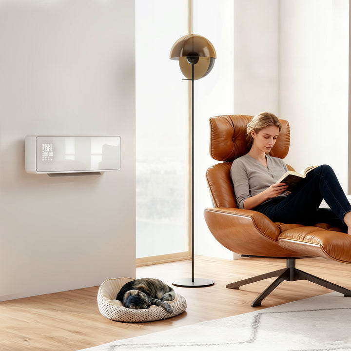 white wall-mounted ceramic fan heater with glass panel