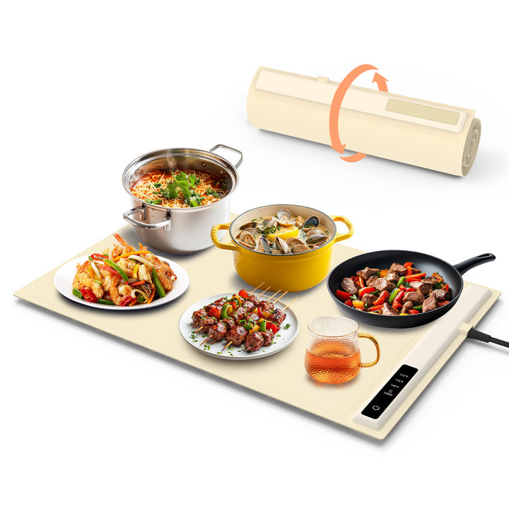 Roll-up graphene food warming mat on table