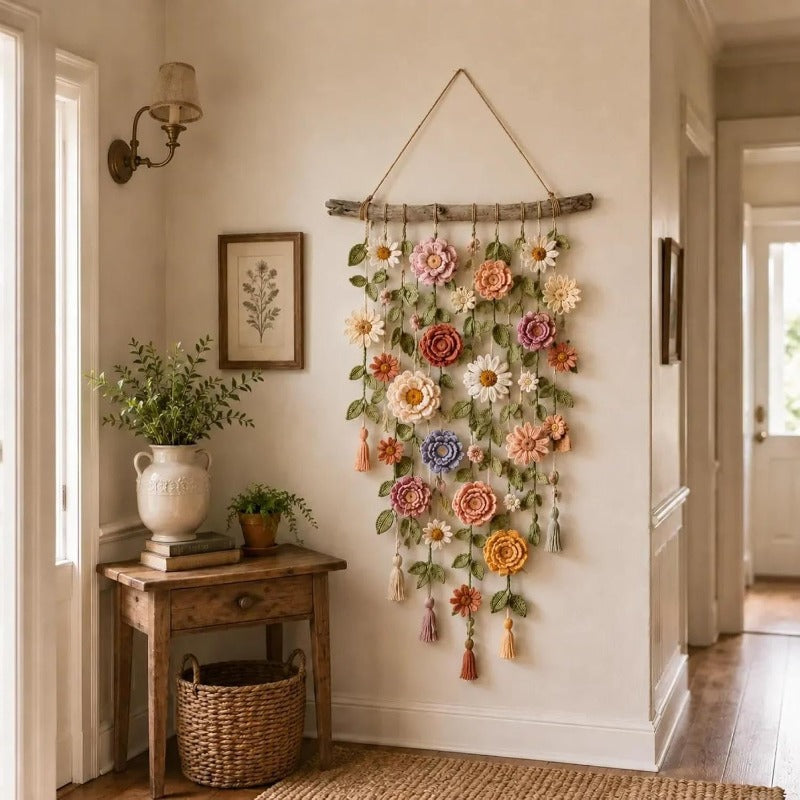 Boho flower wall hanging on wooden branch