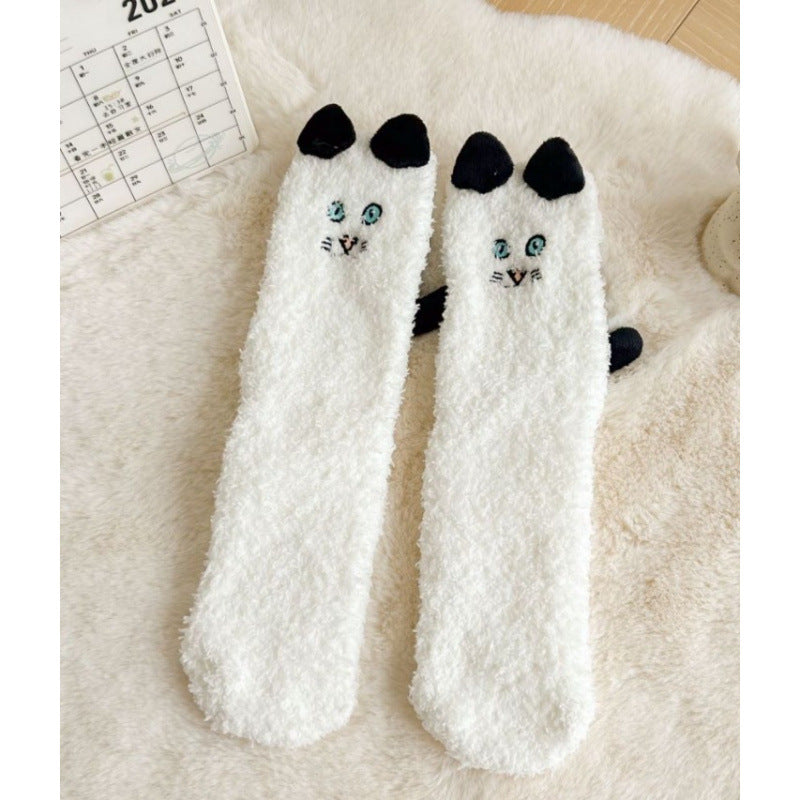 Fluffy cat socks with 3D ears and tail