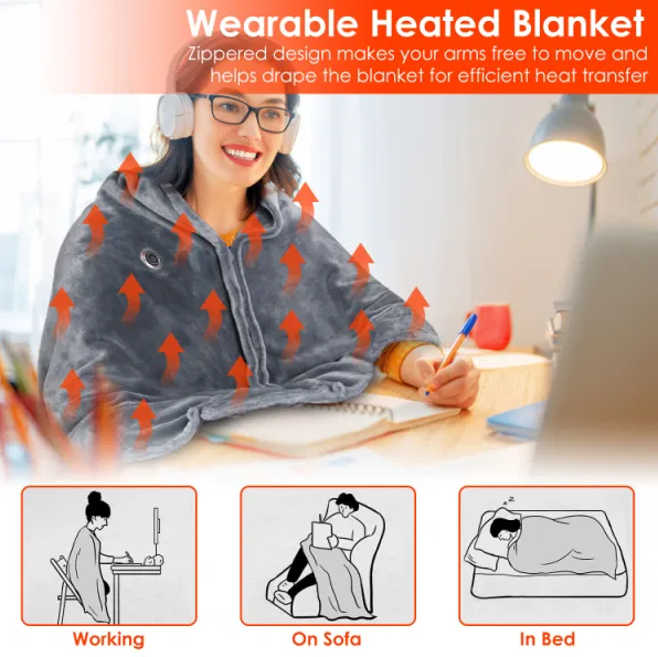 USB Heated Poncho Wrap With Zipper And Washable Fabric
