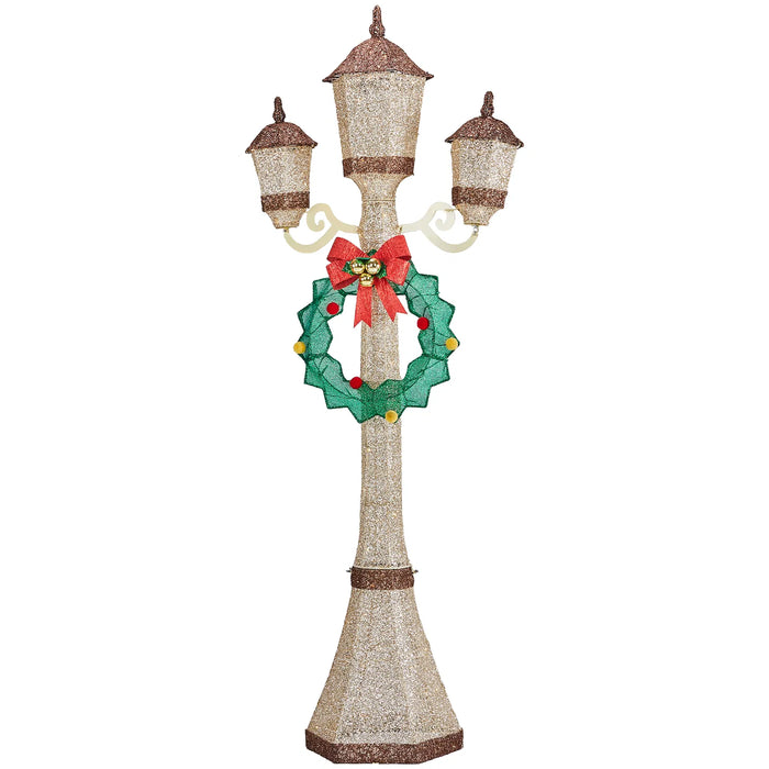 Heat Hollow 6ft Gold Three-Head Lamp Post with Wreath and Lights